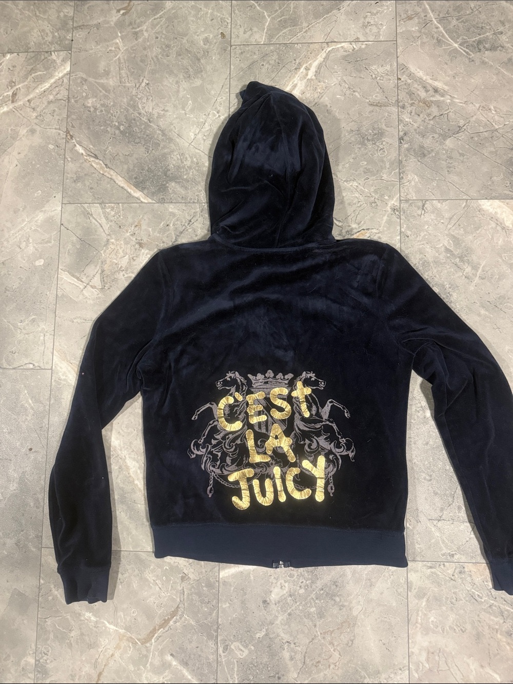 Juicy Couture Black Velvet Bomber Jacket with Gold 'C'est La Juicy' Logo